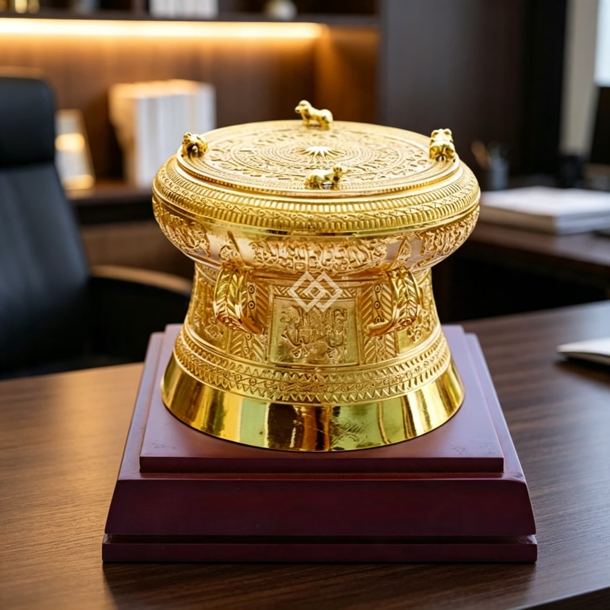 Trống Đồng Mạ Vàng 24K trên đế gỗ trang trọng, tỏa ánh vàng ấm áp, đón nhận bình yên và thành công bền lâu