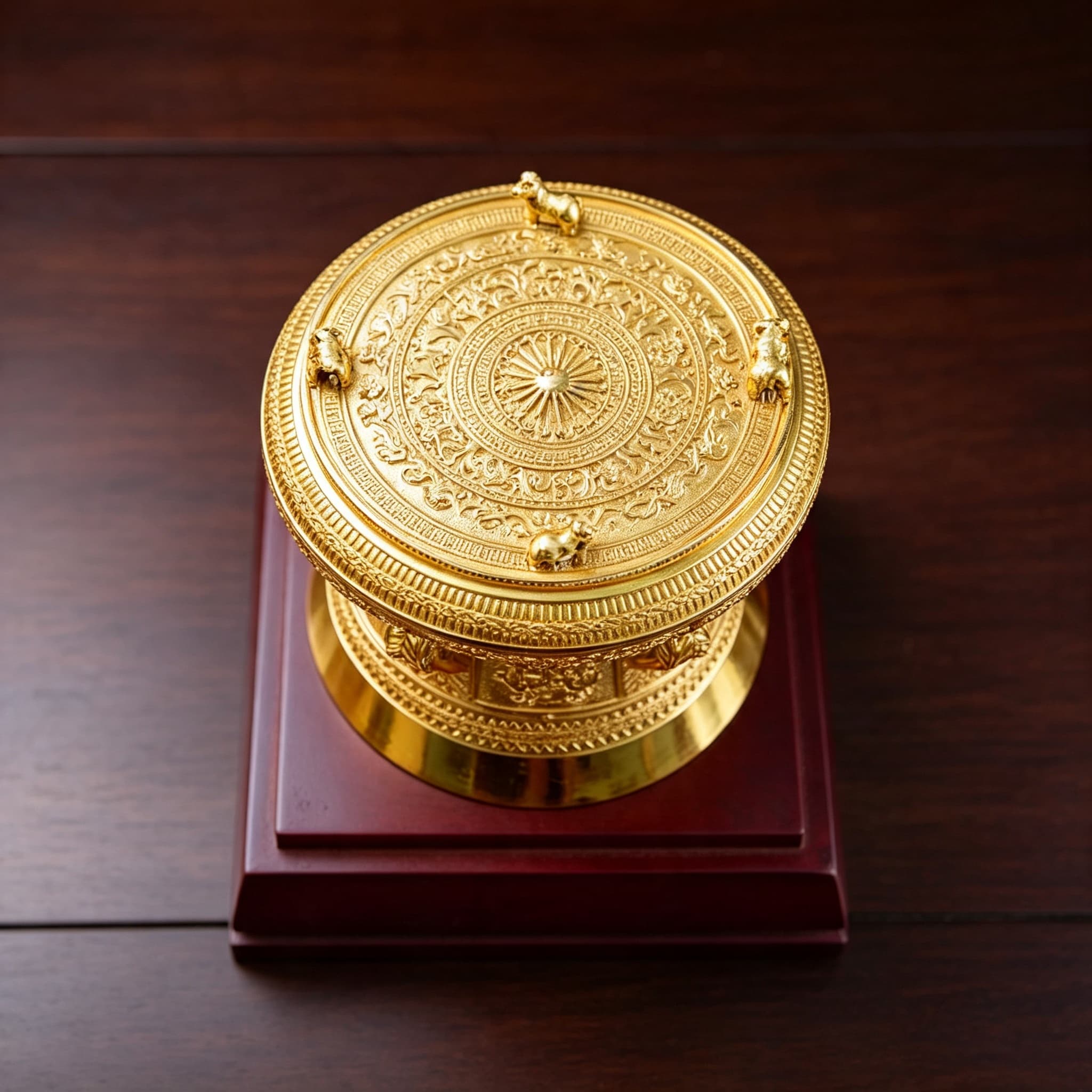 Trống Đồng Mạ Vàng — hoa văn trên mặt và thân trống được chạm khắc tỉ mỉ theo kiểu cổ truyền, giữ trọn nét văn hóa Đông Sơn