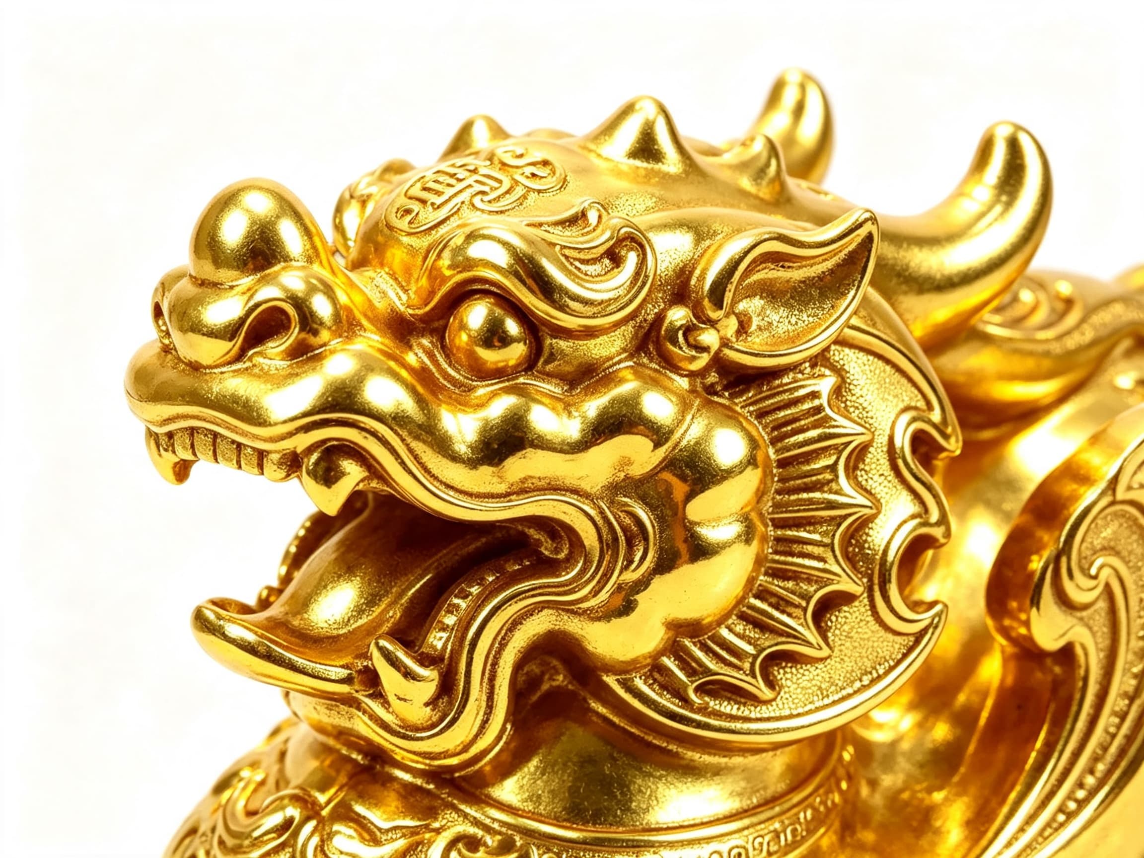 Tỳ Hưu — chi tiết đầu, sừng, mắt và miệng được chạm khắc tinh xảo, toát lên vẻ uy nghiêm và linh hoạt