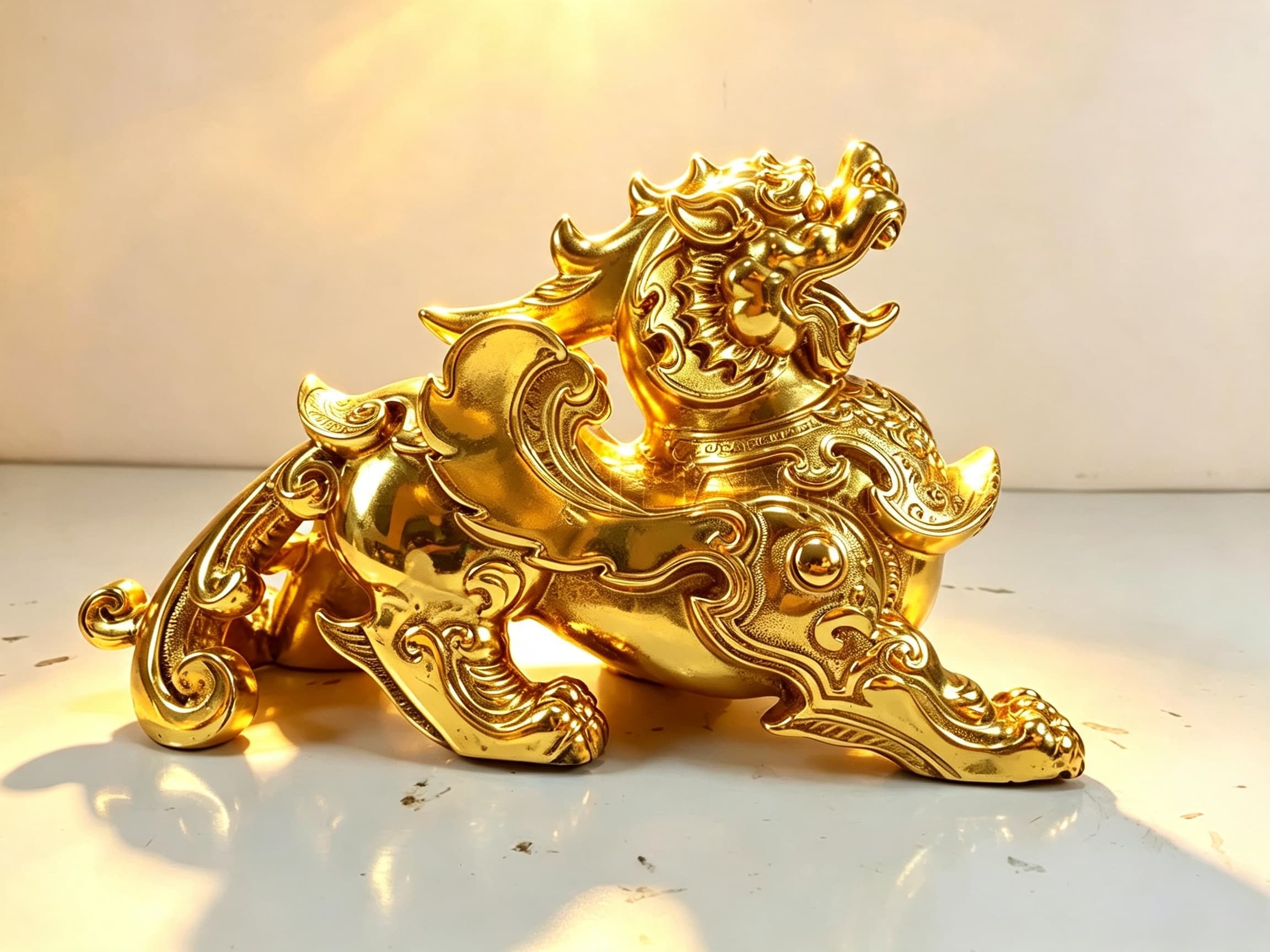 Tỳ Hưu Mạ Vàng 24K — tổng thể tượng cân đối, đầu hướng ra ngoài thu tài lộc, thân to tròn giữ của cải