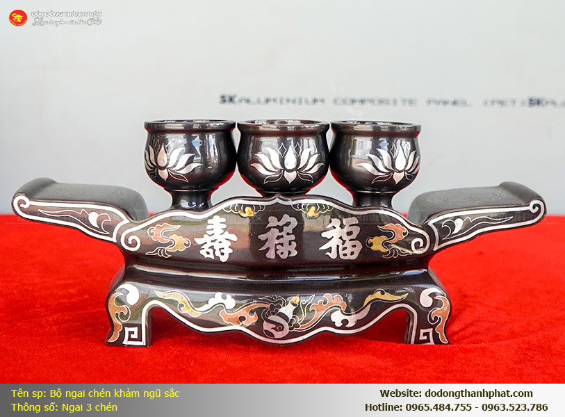 Bộ kỷ ngai 3 chén khảm ngũ sắc đồng đỏ nồi hè chữ Phúc Lộc Thọ rực rỡ