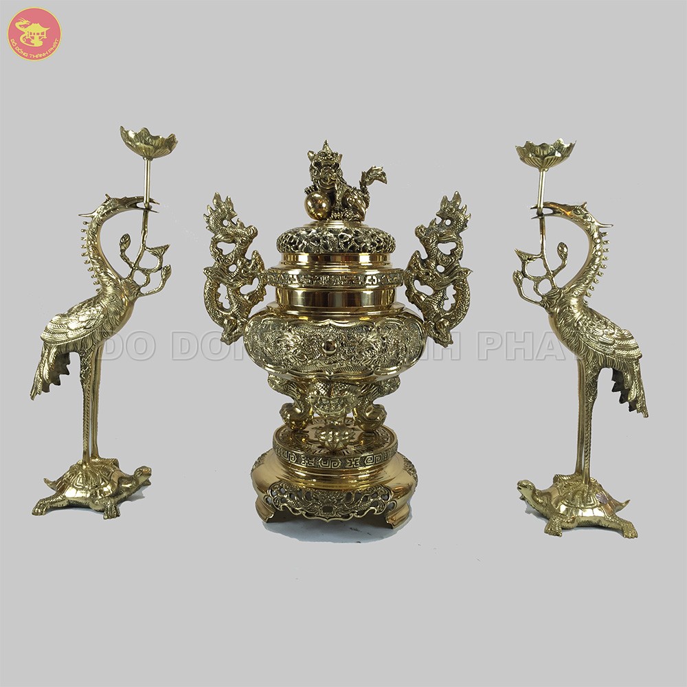Bộ tam sự đỉnh hạc lưỡng long trầu nguyệt đồng vàng cao 30 cm