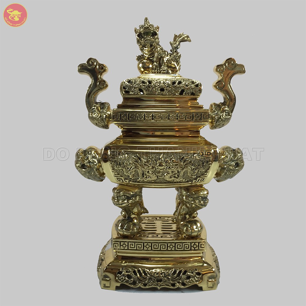Đỉnh đồng lưỡng long trầu nguyệt vuông đồng vàng cao 25 cm