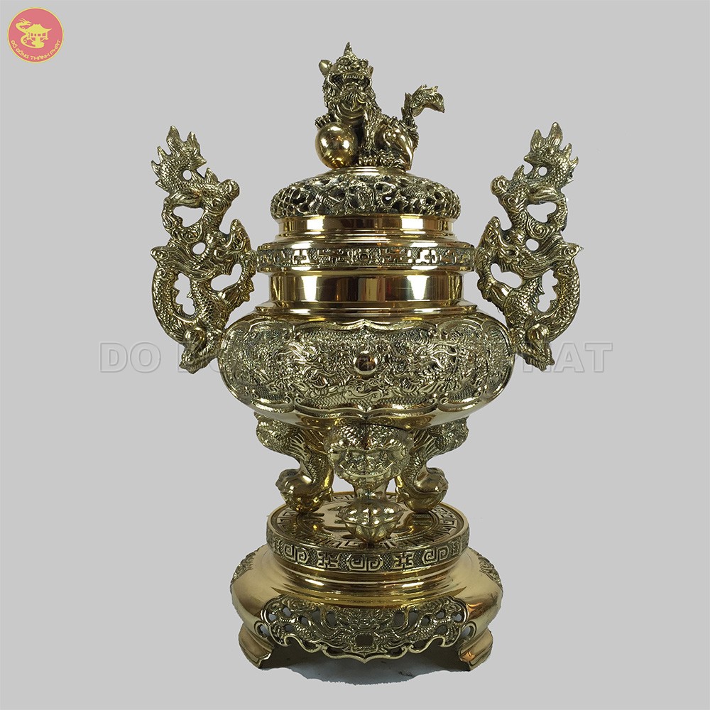 Đỉnh đồng lưỡng long trầu nguyệt đồng vàng cao 30 cm