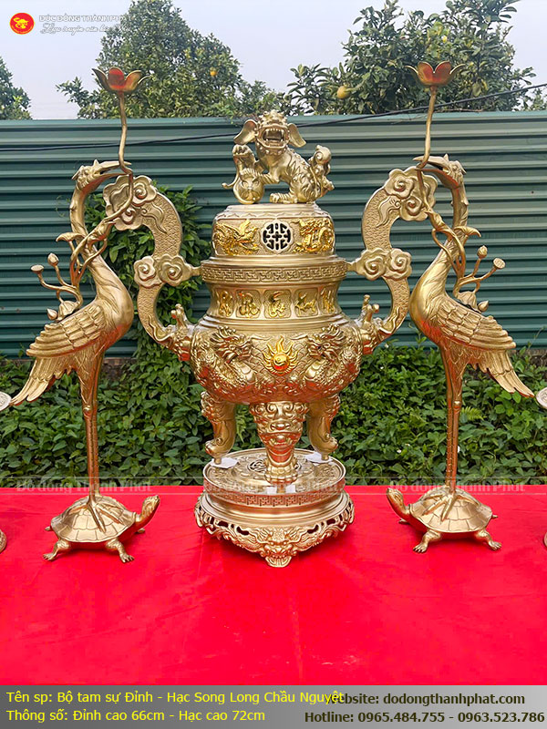 Bộ Tam Sự Đỉnh Đồng Và Đôi Hạc Song Long Chầu Nguyệt Cao 66cm