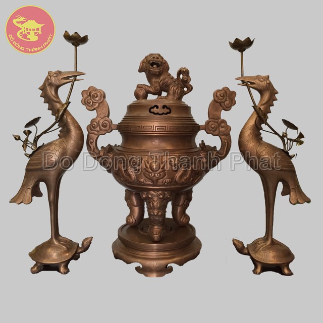 Bộ tam sự đỉnh hạc song long trầu nguyệt giả cổ đồng hun cao 55 cm
