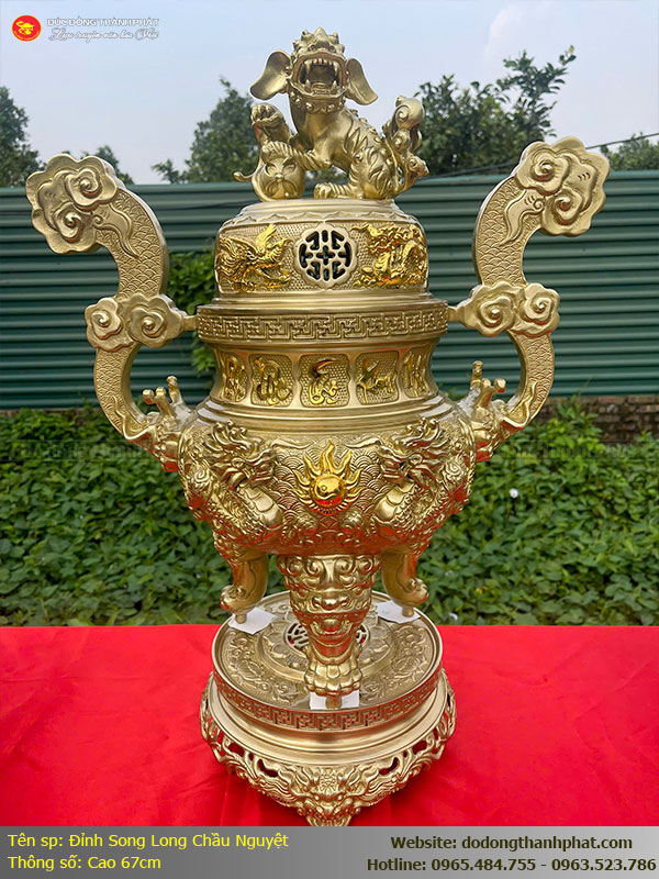 Đỉnh Đồng Song Long Chầu Nguyệt Cao 67cm Đồng Catut Đúc Liền Khối