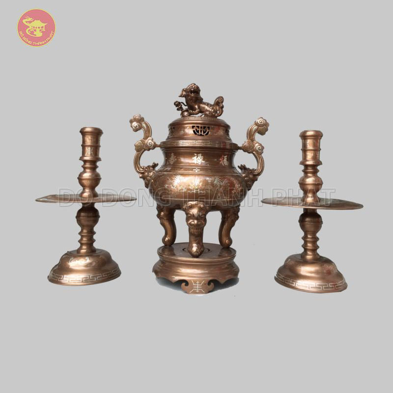 Bộ đồ thờ bằng đồng tam sự khảm tam khí 5 chữ bạc cao 60 cm