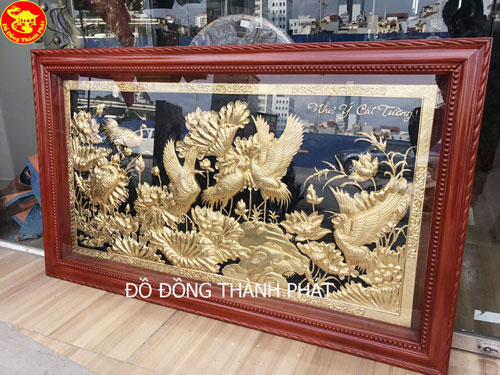 Bức Tranh Sen Hạc Như Ý Cát Tượng Khung Gụ Mạ Vàng 24 k Sang Trọng Cực Đẹp