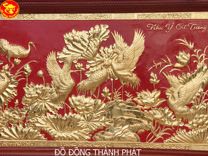 Tranh Đồng Sen Hạc Mạ Vàng 24k