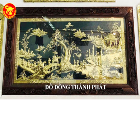 Bức Tranh Đồng Phủ Vàng Ròng 24 k Tranh Vinh Quy Bái Tổ Khung Gỗ Gụ Đúc Tứ Quý Dài 2,31 m CHo Khách Mỹ Hào Hưng Yên