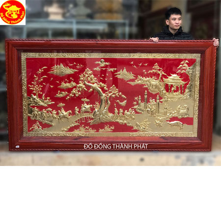 Bức Tranh Đồng Mạ Vàng 24 k Vinh Quy Bái Tổ Khung Gỗ Hương Vân Dài 2,31 m Cho Khách TP. Vinh Nghệ An