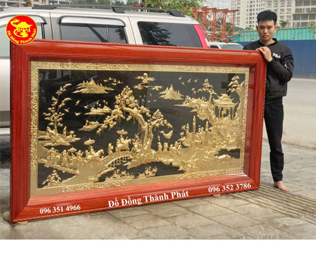 Bức Tranh Đồng Mạ Vàng 24 k Vinh Quy Bái Tổ Khung Gỗ Gụ Dài 2,31 m Rộng 1,27 m