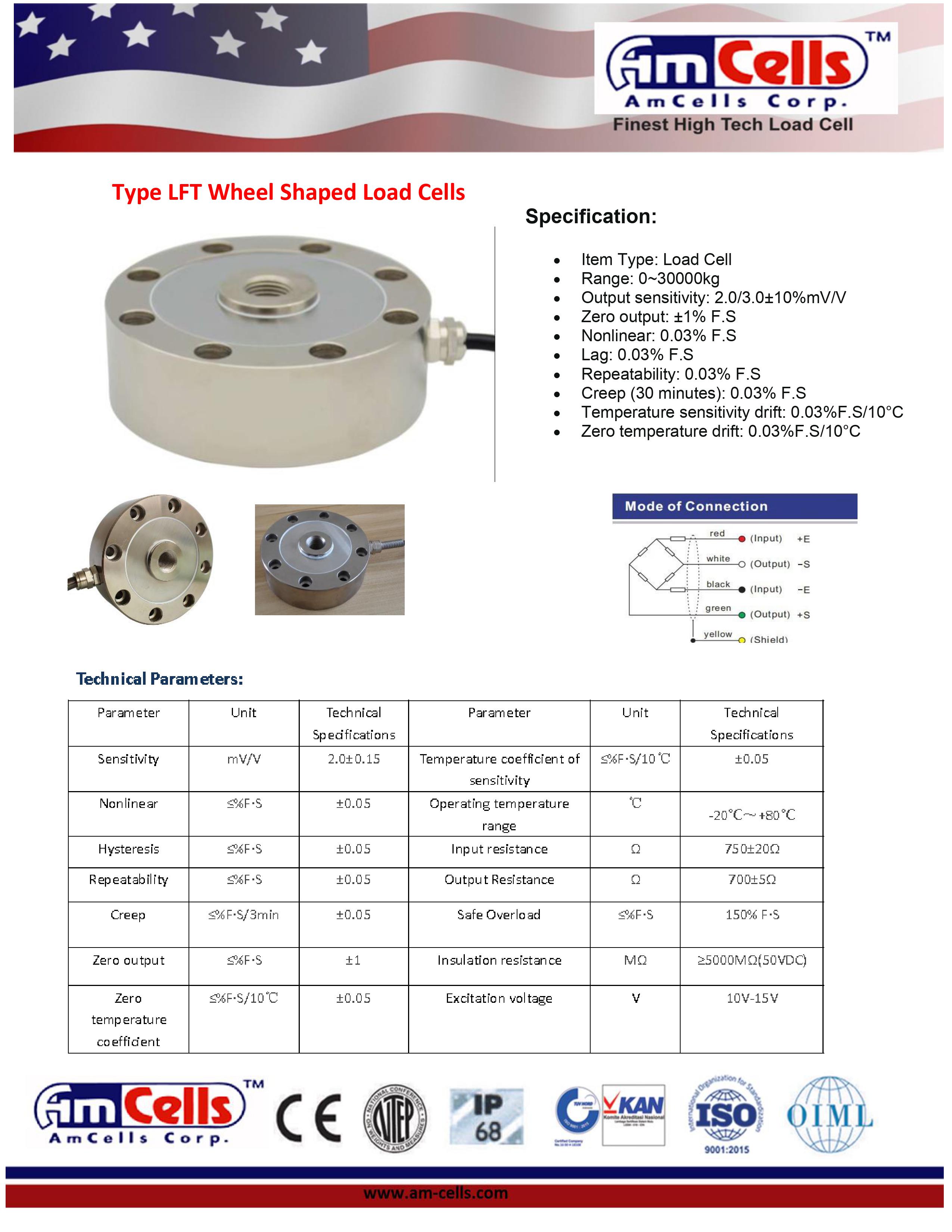 Bảng thông số kỹ thuật loadcell LFT chính hãng Amcells.