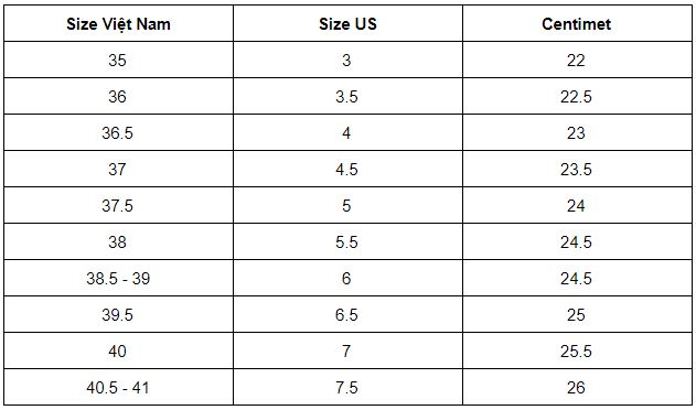 Bảng size giầy converse