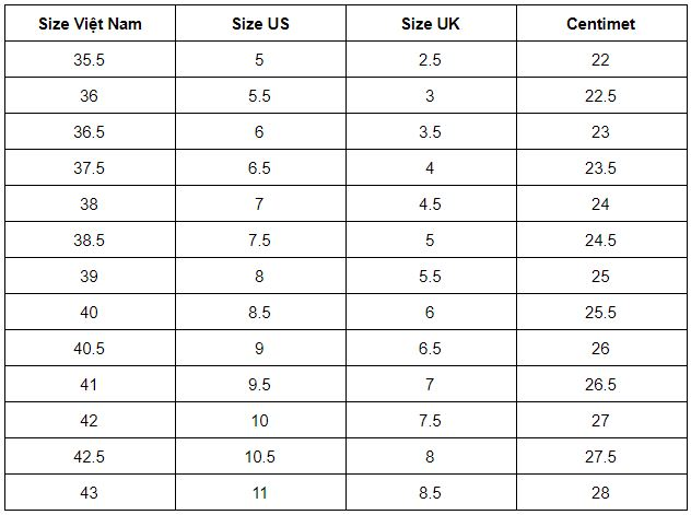 Bảng size giầy Nike