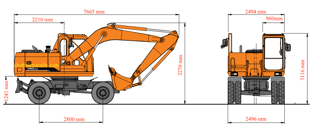 Cho thuê máy xúc lốp 140 với kích thước