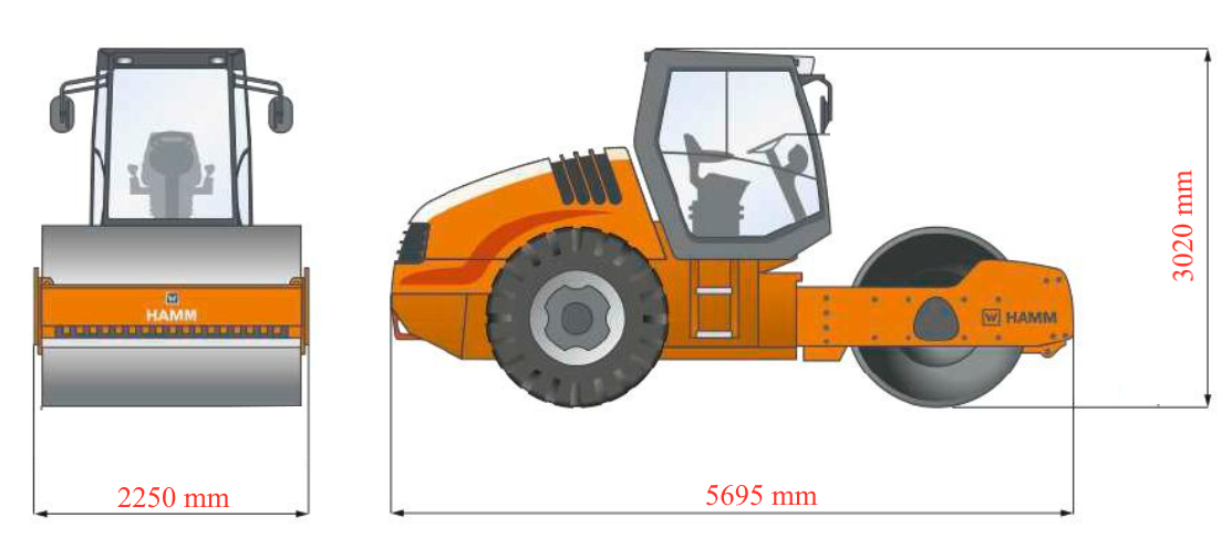 Kích thước xe lu rung hamm 3410