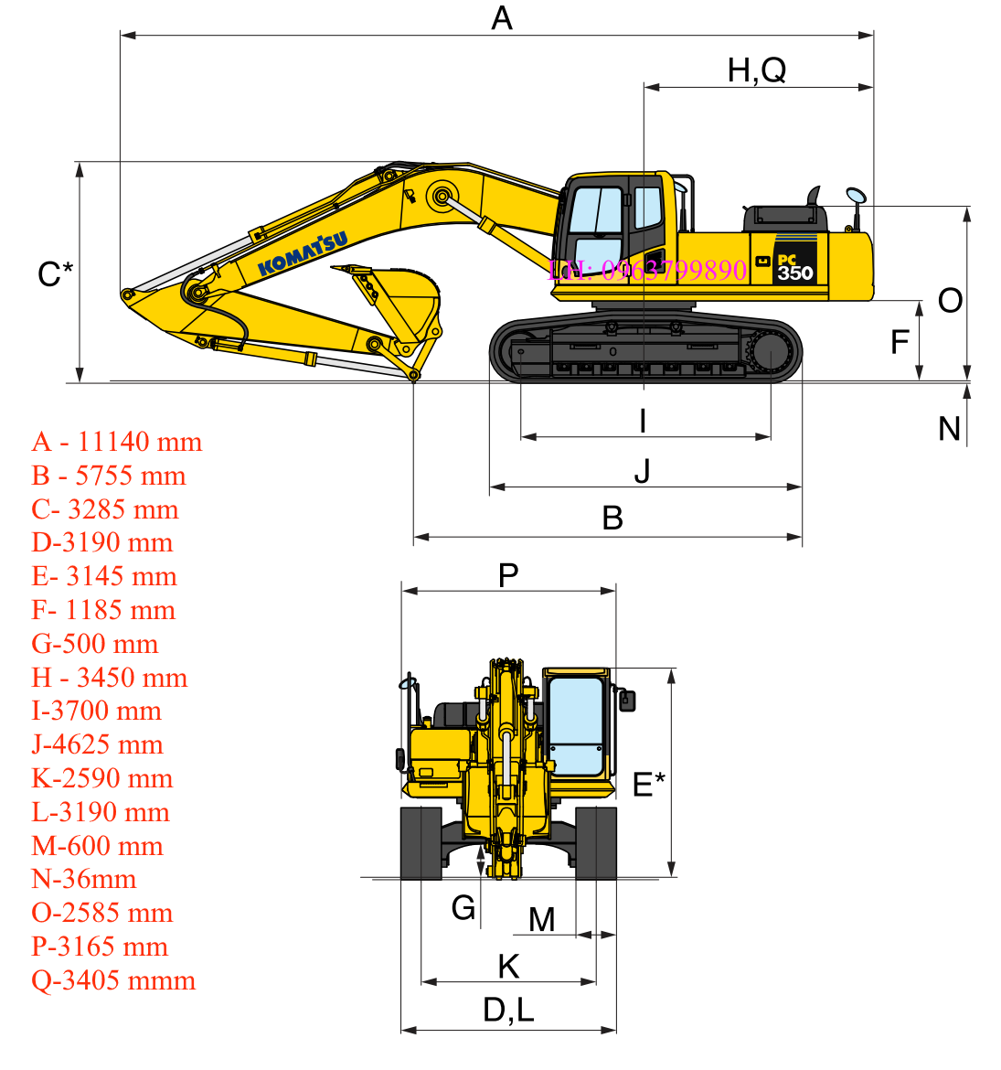 Kích thước máy xúc đào komatsu PC350 -8