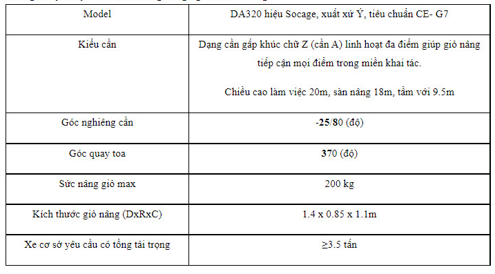 Thông số kỹ thuâtj xe thang nâng người 20 m