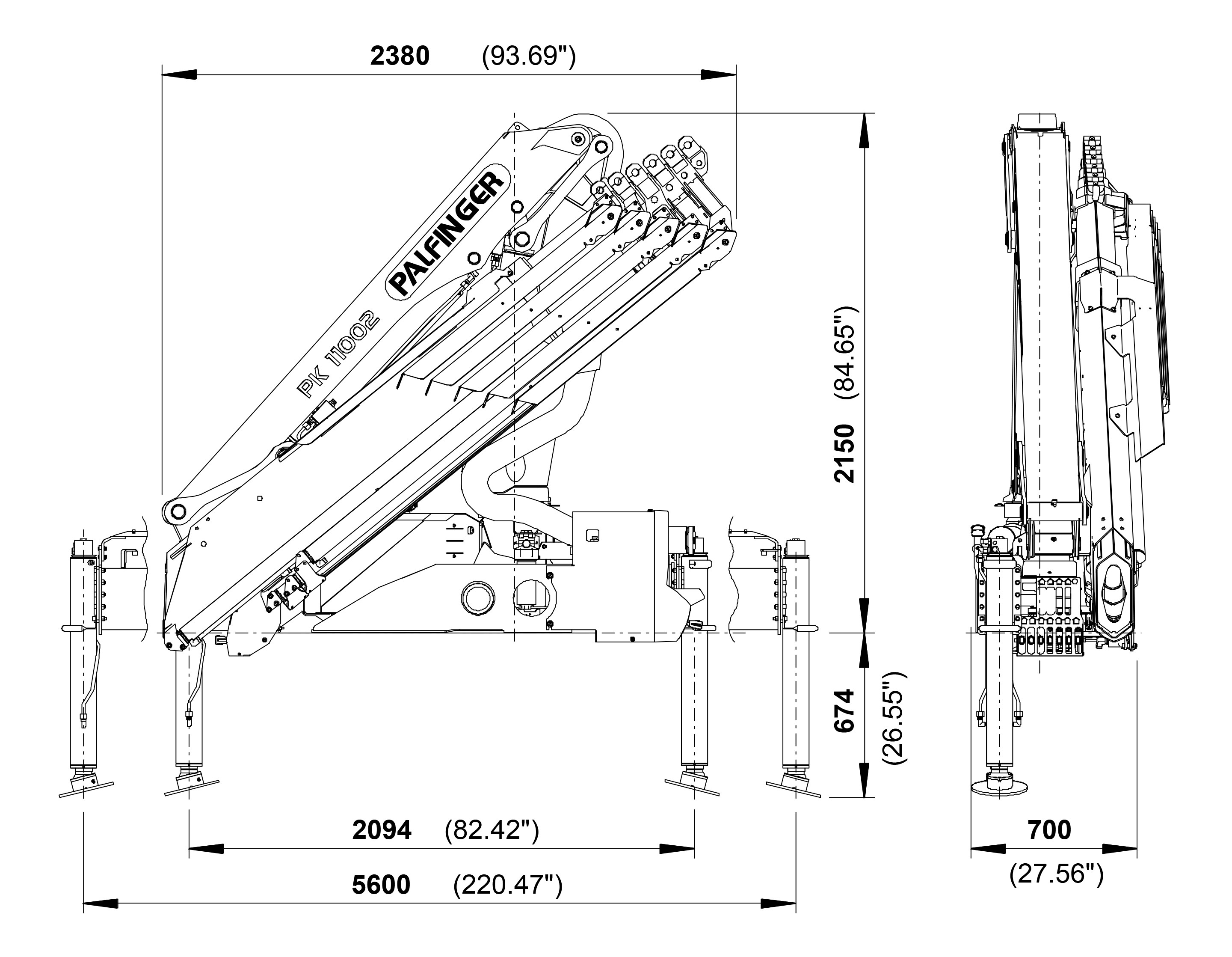 kích thước cẩu gấp khúc pk11002