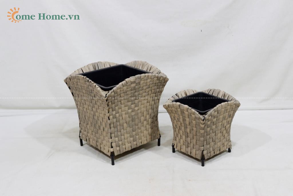Handmade Plastic Rattan Wicker Planter Pot for Indoor Outdoor Garden-CH2378A-2GY