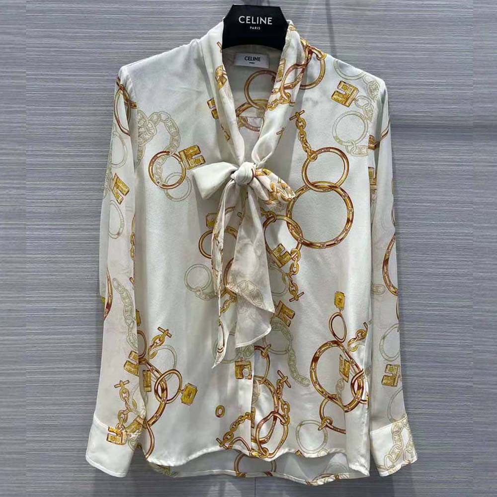 ÁO Celine Women Lavallière Shirt in Crepe De Chine-Brown