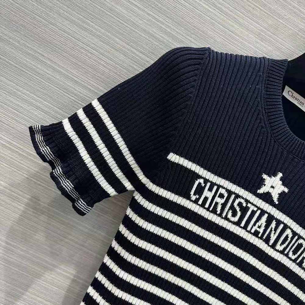 ÁO DIOR Short-Sleeved Sweater Navy Blue and White Cotton Ribbed Knit