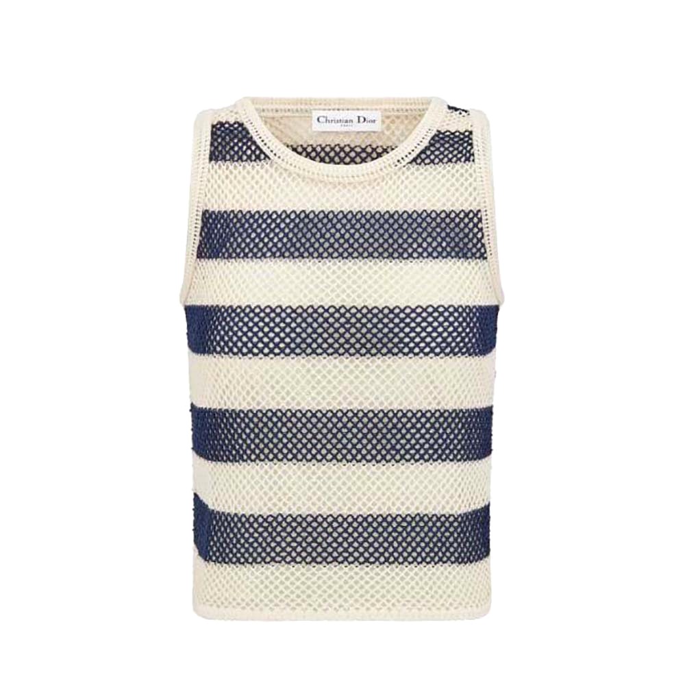 ÁO Dior Women Marinière Cardigan Top Navy Blue and White Openwork Cotton Knit