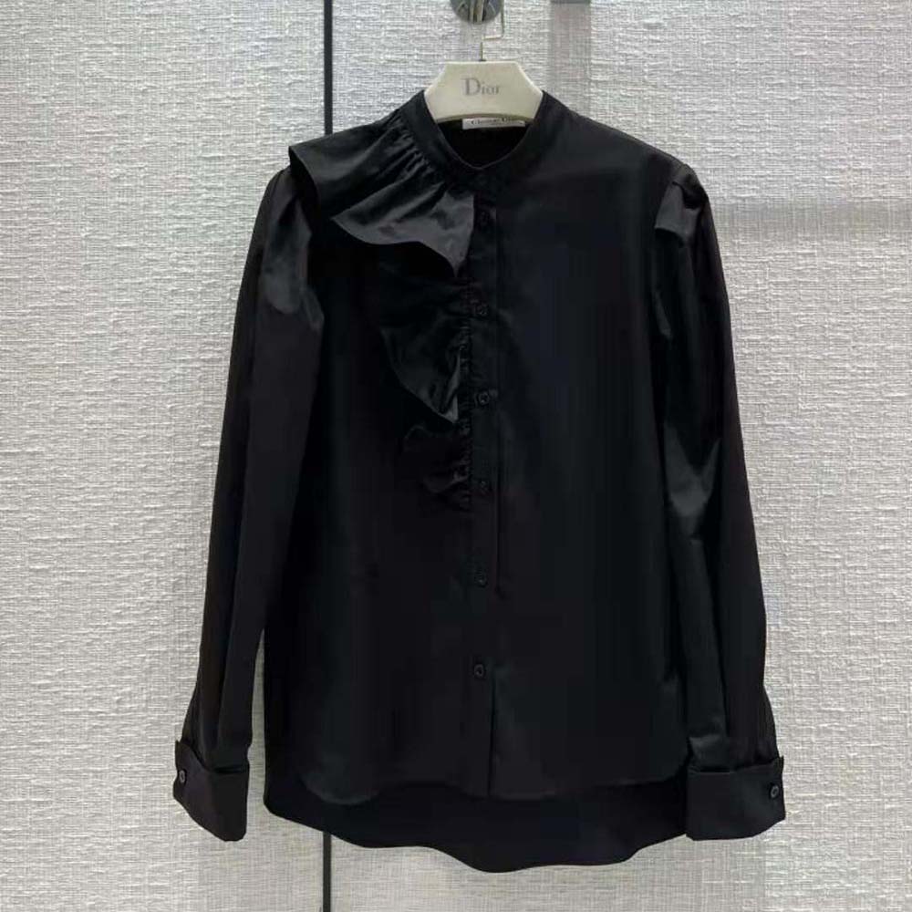 ÁO Dior Women Blouse with Ruffles Black Cotton Poplin