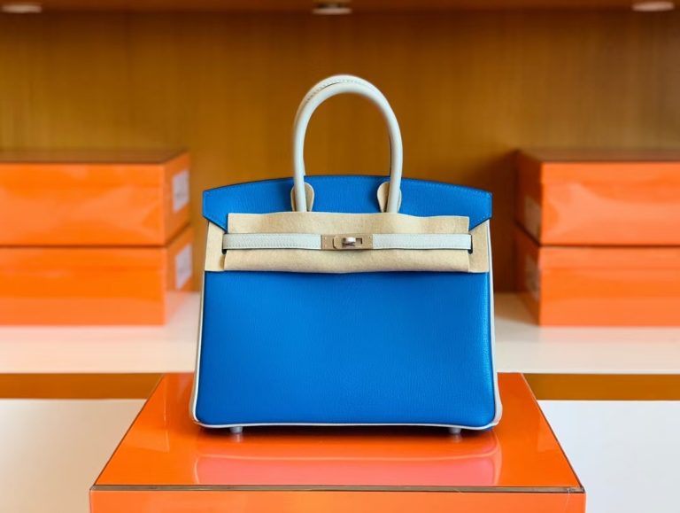 Túi Hermes Birkin Chevre Pearl grey & Glaze blue Silver Hardware Handmade khâu tay 25cm
