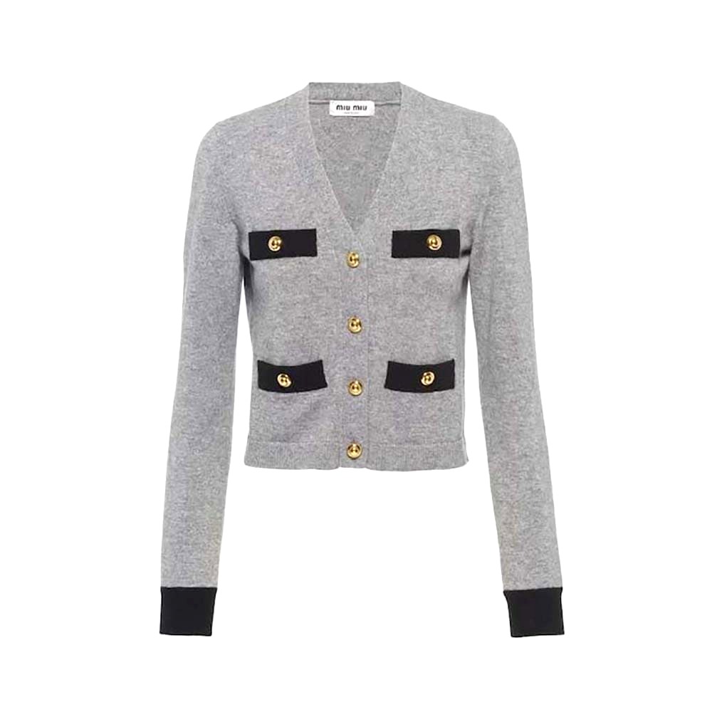 ÁO Miu Miu Women Cashmere Cardigan with Knit Logo Patch-Gray
