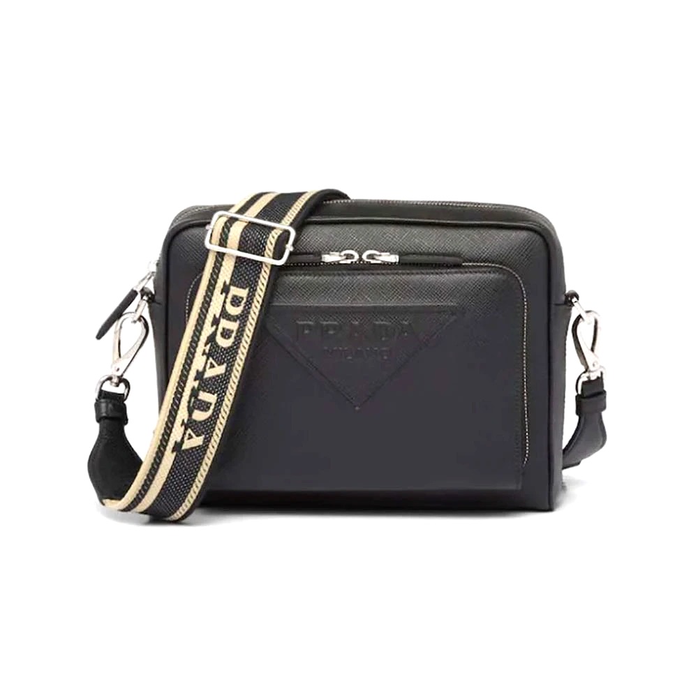 TÚI Prada Men Saffiano Leather Shoulder Bag With Iconic Prada Material-Black