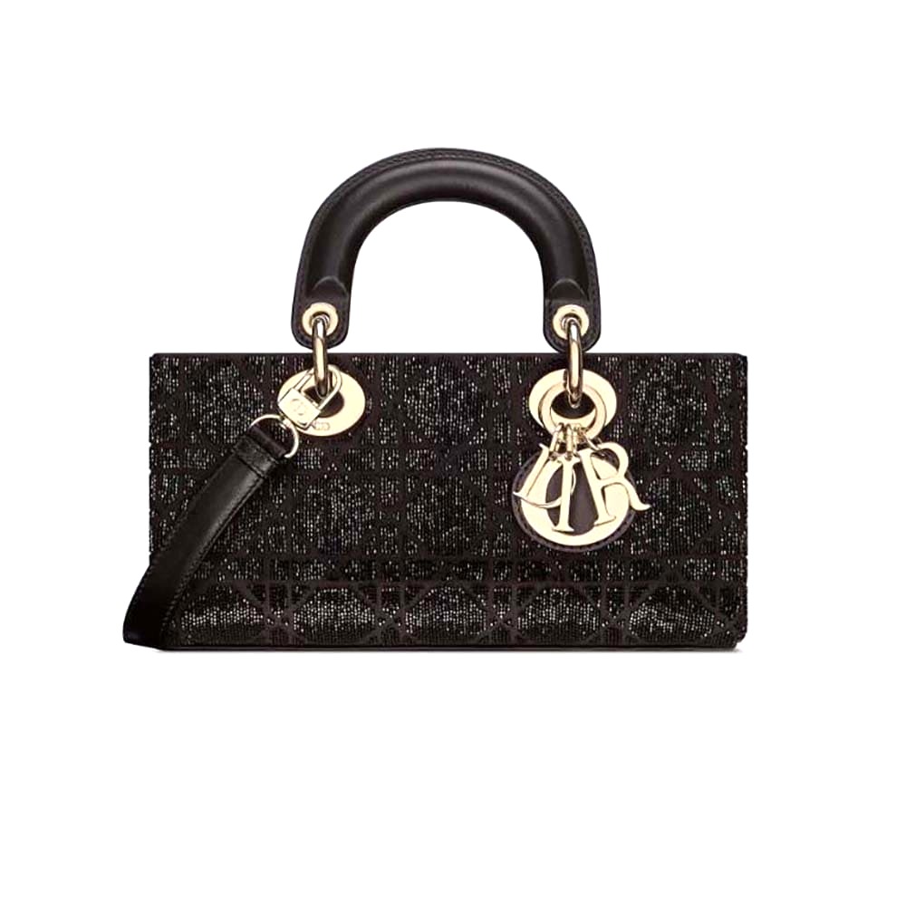 TÚI Dior Women Small Lady D-joy Bag Black Cannage Cotton with Micropearl Embroidery