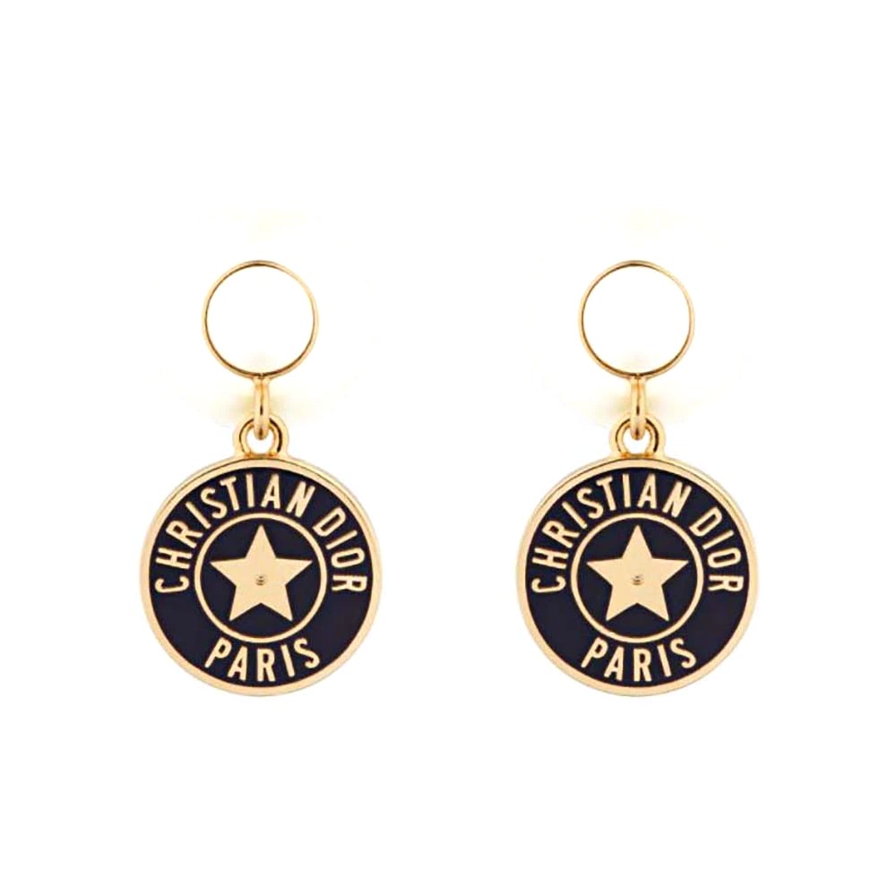 Bông tai Dior Women Tribales Earrings Gold-Finish Metal with White Resin Pearls and Navy Blue Lacquer