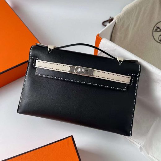 Túi Hermes Mini Kelly Pochette Swift Black & Creamy White Silver Hardware Handmade khâu tay 22cm
