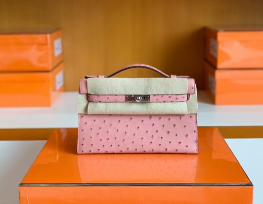 Túi Hermes Mini Kelly Pochette Ostrich Leather da đà điểu Sakura pink Silver Hardware Handmade khâu tay 22cm