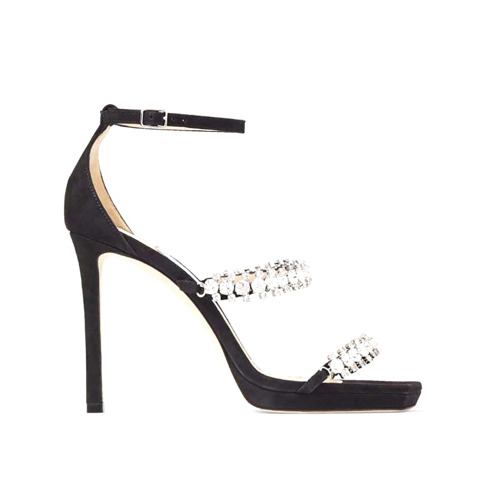 GIÀY Jimmy Choo Women Bing Sandal 105 Black Suede Sandals with Crystal Straps