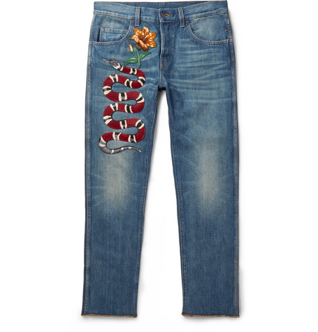 QUẦN JEANS GUCCI Slim-Fit Embroidered Stonewashed Denim Jeans