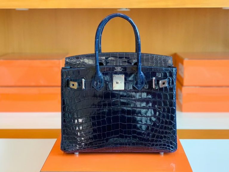 Túi Hermes Birkin BLUE NUIT Shiny crocodile Dark Deep Blue Silver Hardware Handmade khâu tay 30cm