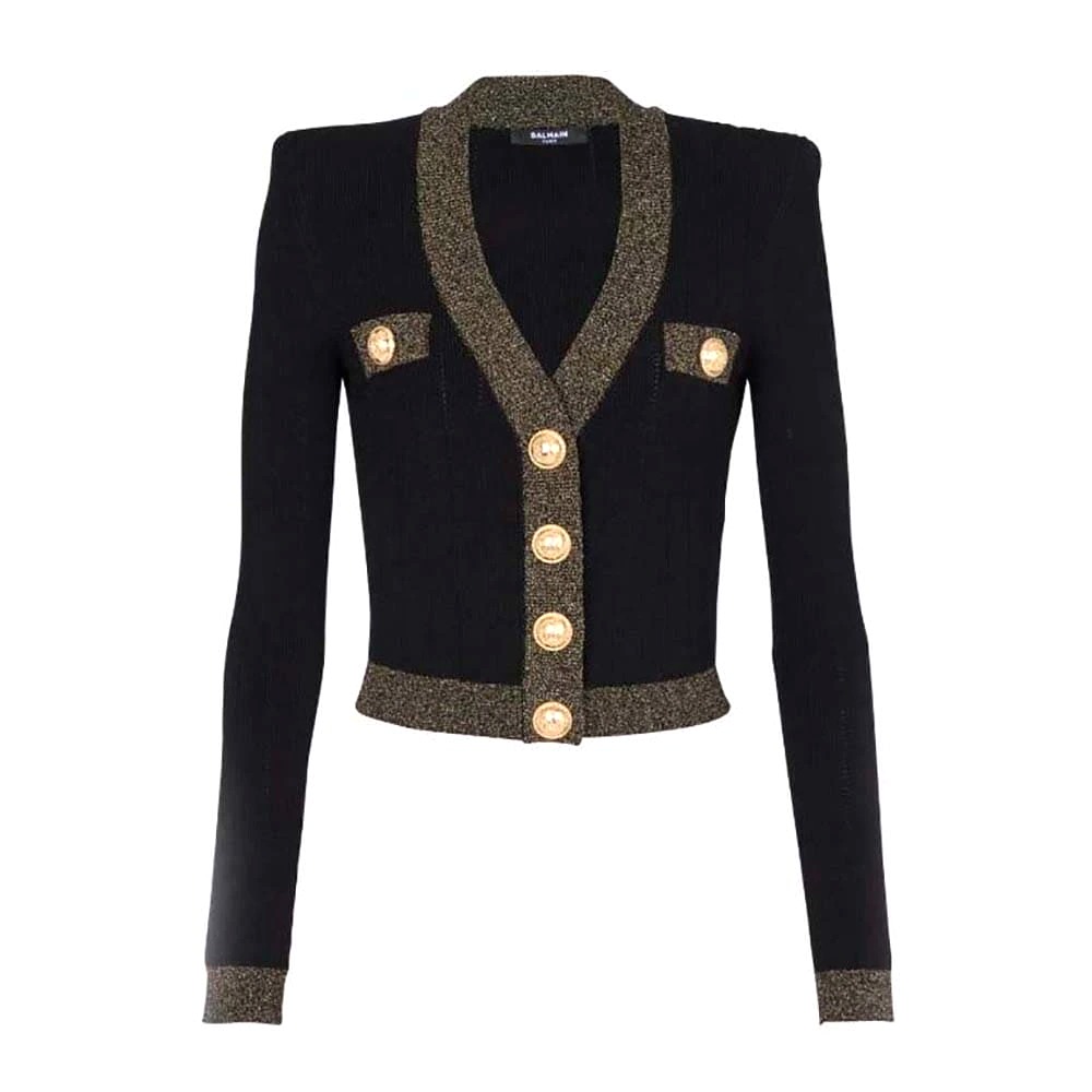 ÁO Balmain Women Cropped Knit Cardigan with Gold Trim