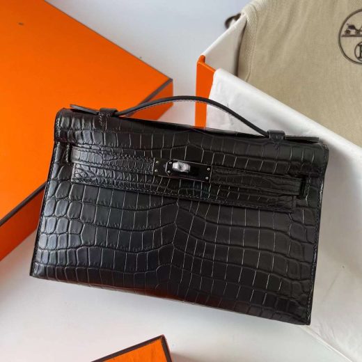 Túi Hermes Mini Kelly Pochette Matte Niloticus Black Black Buckle Handmade khâu tay 22cm