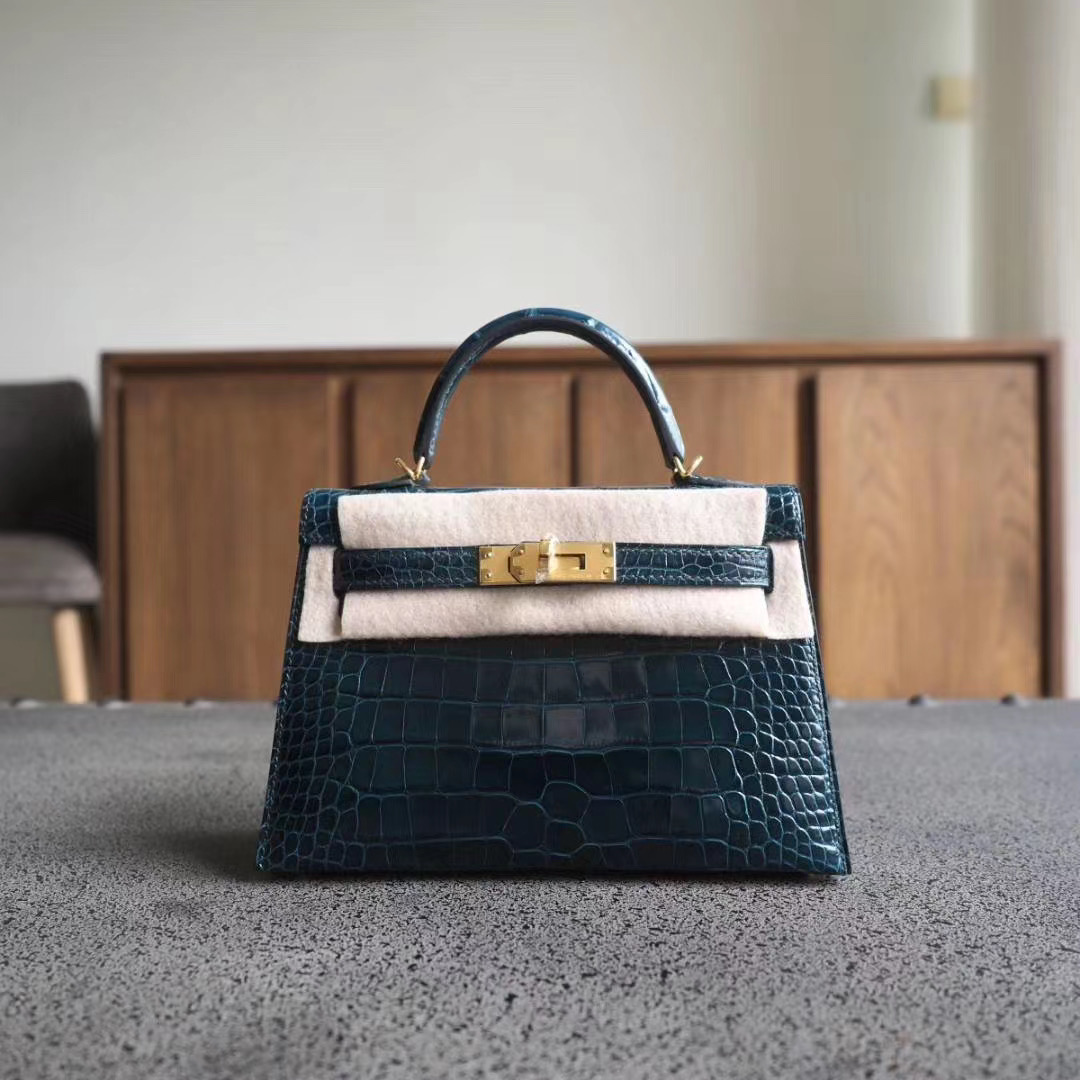 TÚI HERMES Mini Kelly 19CM deep blue crocodille da cá sấu