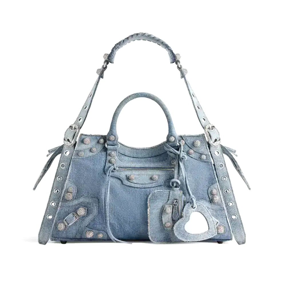 TÚI Balenciaga Women Neo Cagole City Handbag Denim with Rhinestones in Blue