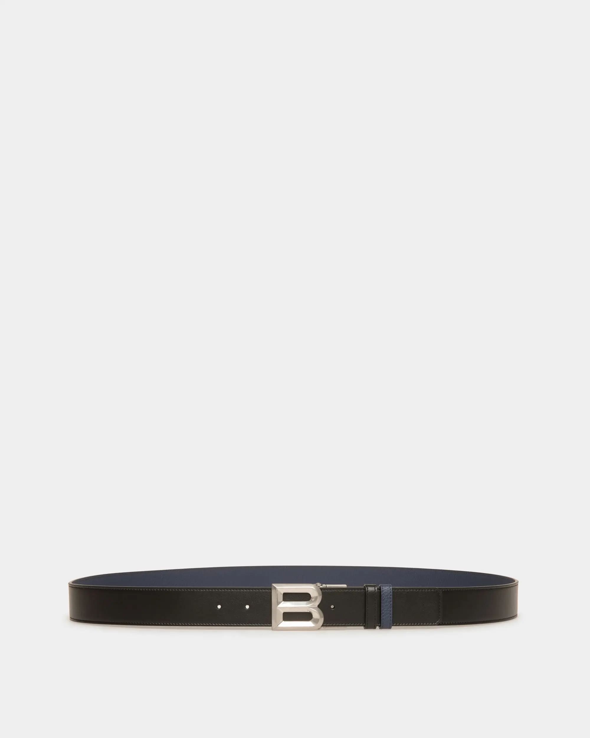 DÂY LƯNG BALLY B Bold Black And Marine Leather hai mặt khóa trắng