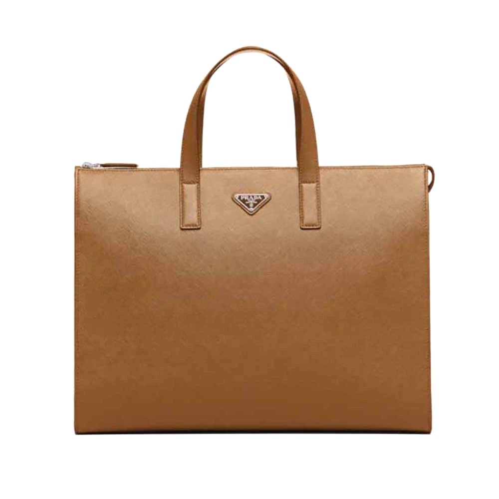 TÚI PRADA Saffiano Leather Tote with a Crosshatch Pattern and Wax Finish-Brown