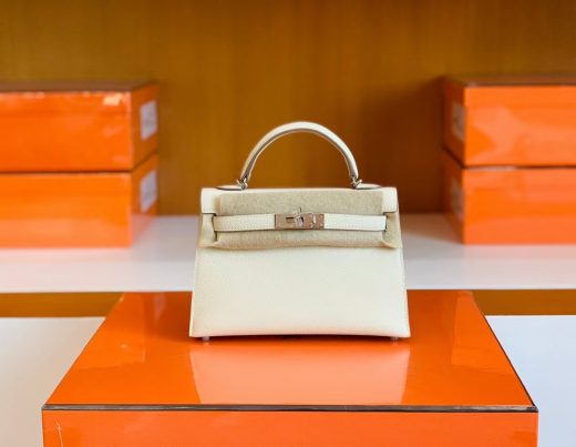 Túi Hermes Mini Kelly II Sellier Epsom craie white Silver Hardware Handmade khâu tay 19cm