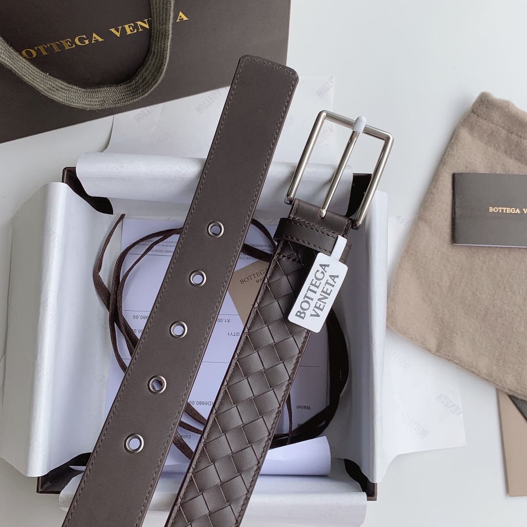 DÂY LƯNG BOTTGA VENETA BROWN INTRECCIATO LEATHER Khóa vàng