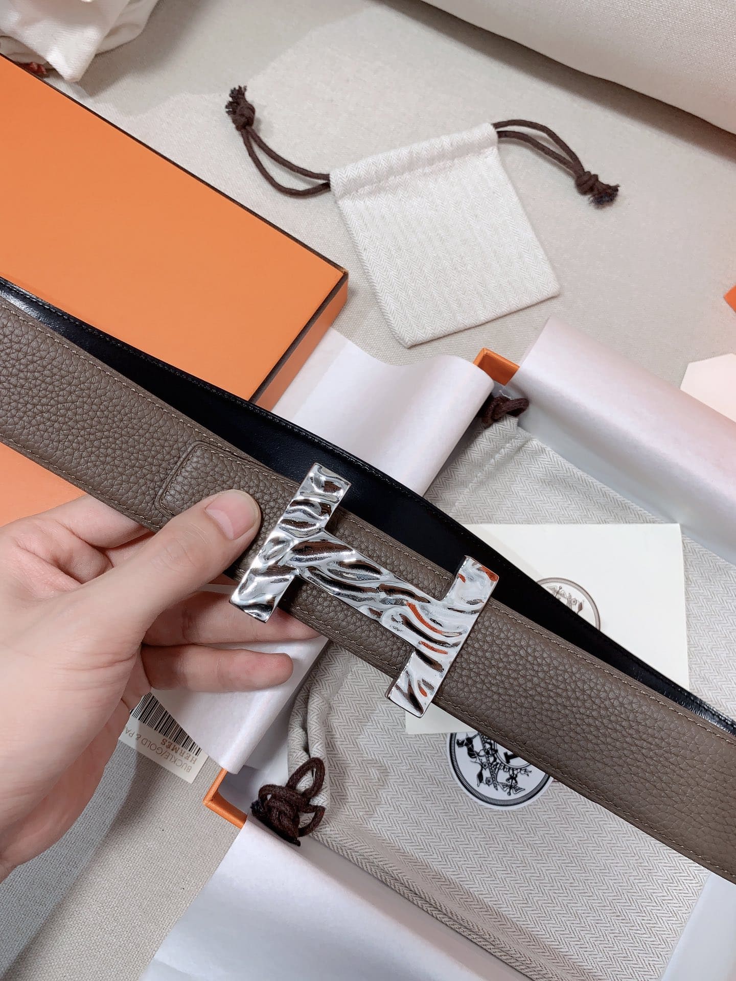 DÂY LƯNG HERMES H Togo leather hai mặt khóa bạc