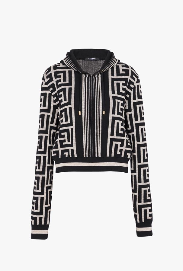 ÁO BALMAIN Cropped ivory and black wool sweatshirt with Balmain monogram